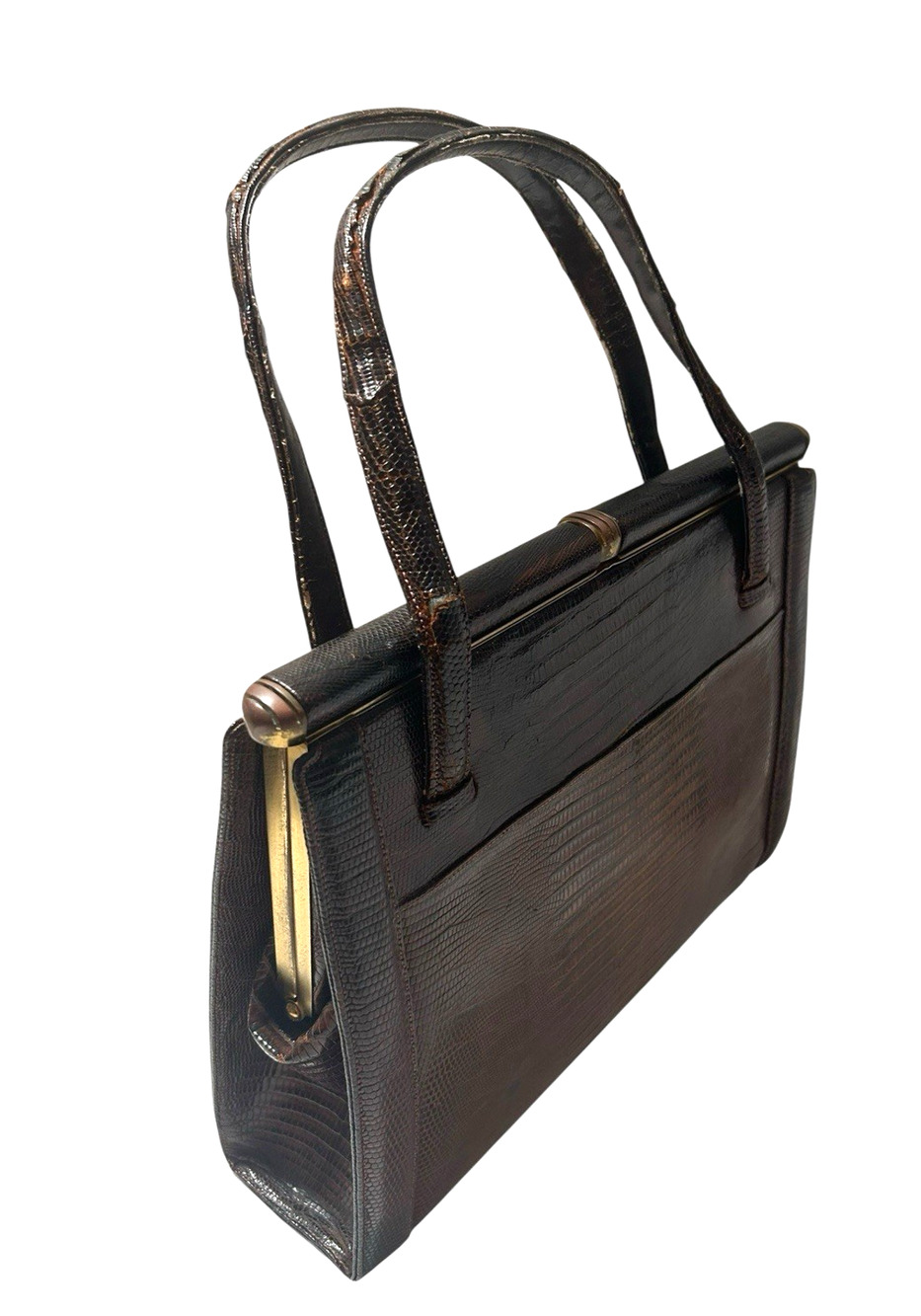 Vtg 1950s 1960s Lucille De Paris Black Alligator Handbag Purse Double Handles